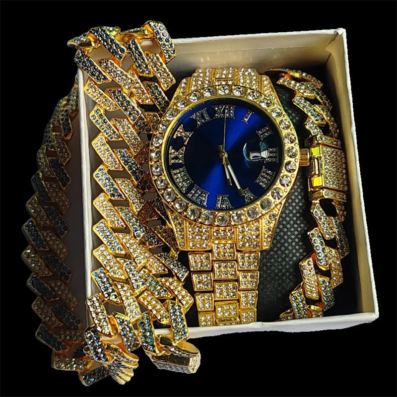 3pcs/set European American Hip-hop Men's Ice Watch Set Luxury Full Diamonds Gold Quartz Wrist Watch Golden Inlaid Blue Crystal Cuban Chain Bracelet Necklace Rapper hip hop Fashion Jewelry Accessory