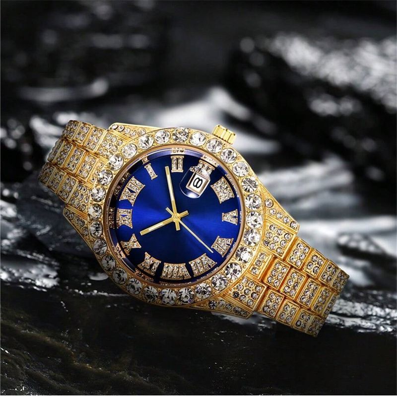 3pcs/set European American Hip-hop Men's Ice Watch Set Luxury Full Diamonds Gold Quartz Wrist Watch Golden Inlaid Blue Crystal Cuban Chain Bracelet Necklace Rapper hip hop Fashion Jewelry Accessory