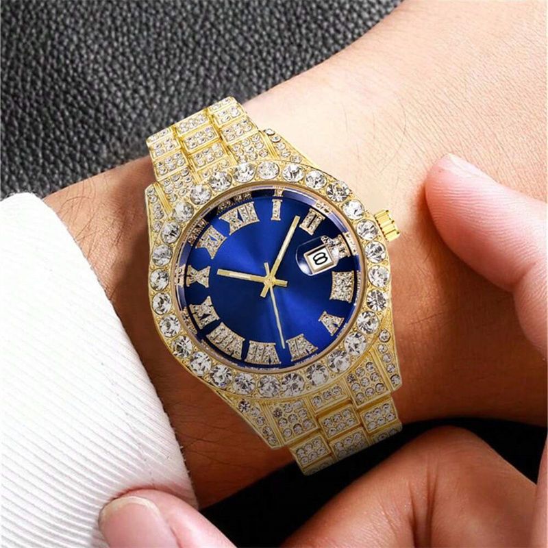 3pcs/set European American Hip-hop Men's Ice Watch Set Luxury Full Diamonds Gold Quartz Wrist Watch Golden Inlaid Blue Crystal Cuban Chain Bracelet Necklace Rapper hip hop Fashion Jewelry Accessory