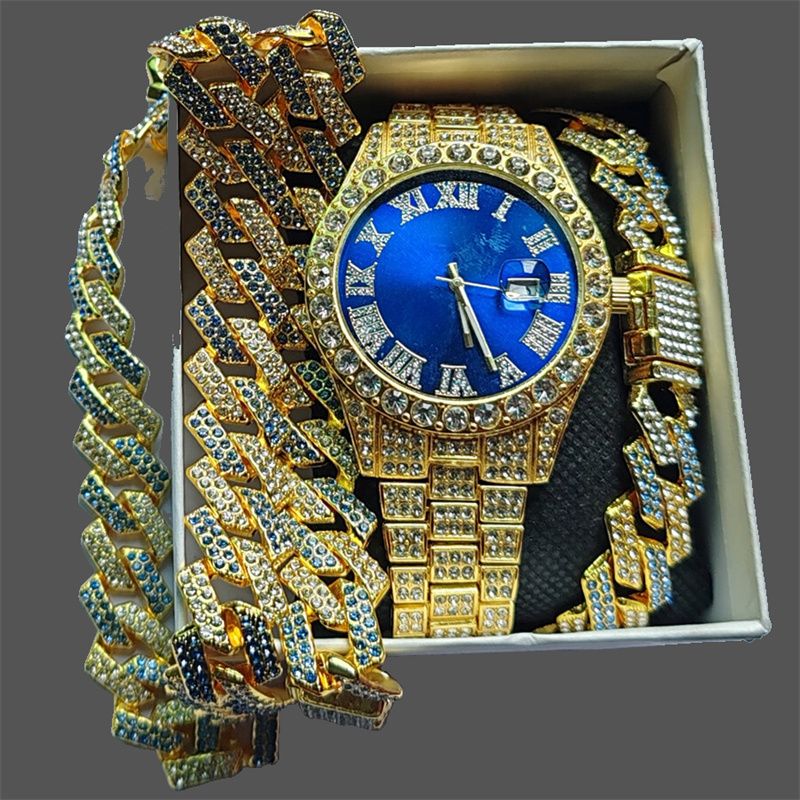 3pcs/set European American Hip-hop Men's Ice Watch Set Luxury Full Diamonds Gold Quartz Wrist Watch Golden Inlaid Blue Crystal Cuban Chain Bracelet Necklace Rapper hip hop Fashion Jewelry Accessory
