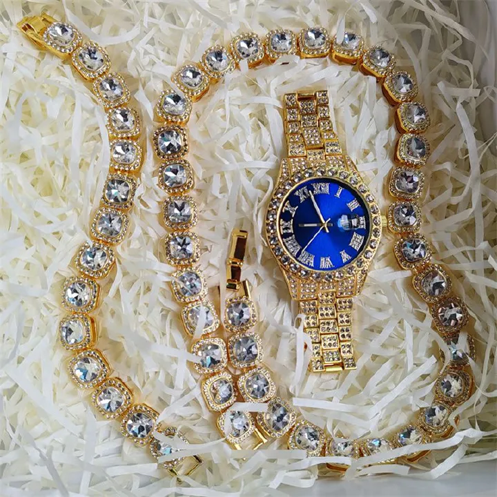 3pcs/set European American Hip-hop Men's Ice Watch Set Luxury Full Diamonds Gold Quartz Wrist Watch Golden Inlaid Blue Crystal Cuban Chain Bracelet Necklace Rapper hip hop Fashion Jewelry Accessory