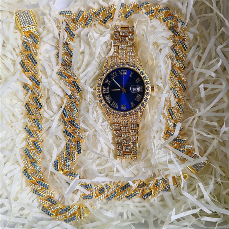 3pcs/set European American Hip-hop Men's Ice Watch Set Luxury Full Diamonds Gold Quartz Wrist Watch Golden Inlaid Blue Crystal Cuban Chain Bracelet Necklace Rapper hip hop Fashion Jewelry Accessory