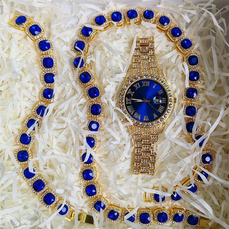 3pcs/set European American Hip-hop Men's Ice Watch Set Luxury Full Diamonds Gold Quartz Wrist Watch Golden Inlaid Blue Crystal Cuban Chain Bracelet Necklace Rapper hip hop Fashion Jewelry Accessory