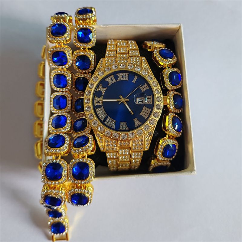 3pcs/set European American Hip-hop Men's Ice Watch Set Luxury Full Diamonds Gold Quartz Wrist Watch Golden Inlaid Blue Crystal Cuban Chain Bracelet Necklace Rapper hip hop Fashion Jewelry Accessory