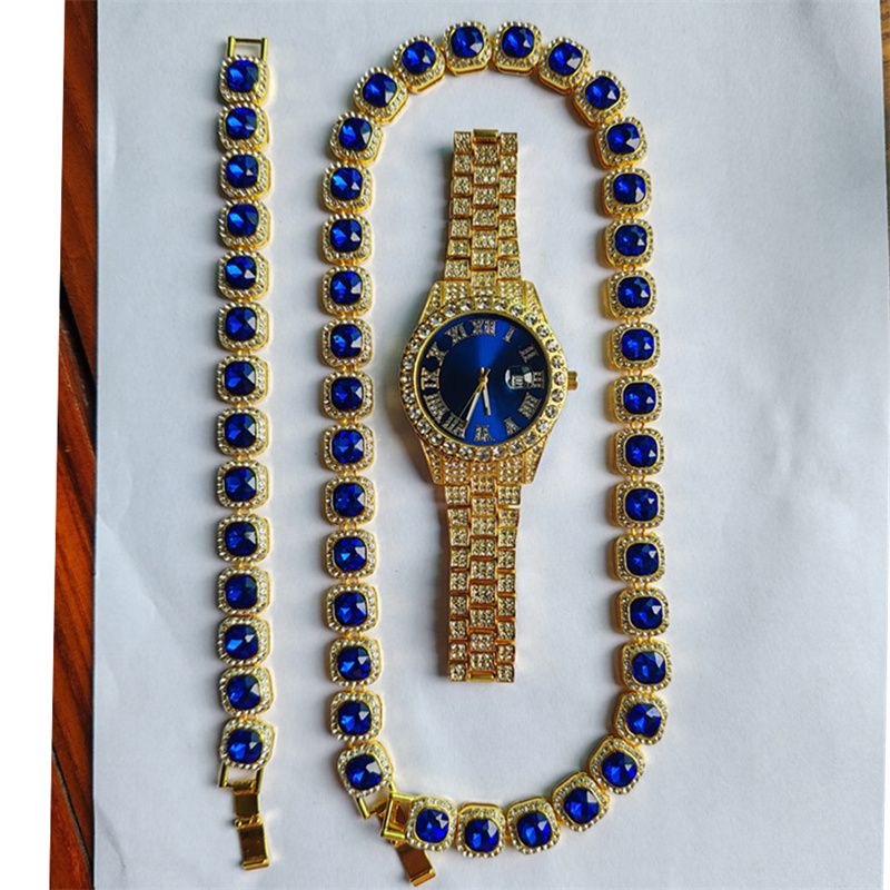 3pcs/set European American Hip-hop Men's Ice Watch Set Luxury Full Diamonds Gold Quartz Wrist Watch Golden Inlaid Blue Crystal Cuban Chain Bracelet Necklace Rapper hip hop Fashion Jewelry Accessory