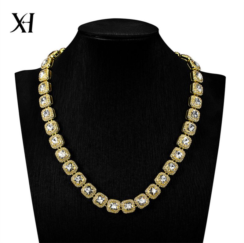 3pcs/set European American Hip-hop Men's Ice Watch Set Luxury Full Diamonds Gold Quartz Wrist Watch Golden Inlaid Blue Crystal Cuban Chain Bracelet Necklace Rapper hip hop Fashion Jewelry Accessory