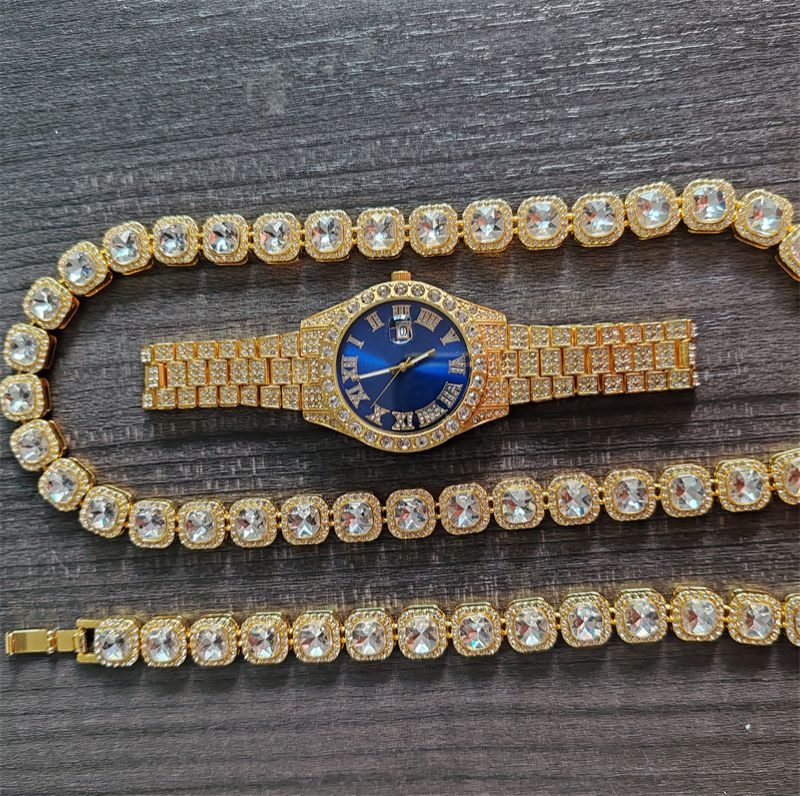 3pcs/set European American Hip-hop Men's Ice Watch Set Luxury Full Diamonds Gold Quartz Wrist Watch Golden Inlaid Blue Crystal Cuban Chain Bracelet Necklace Rapper hip hop Fashion Jewelry Accessory