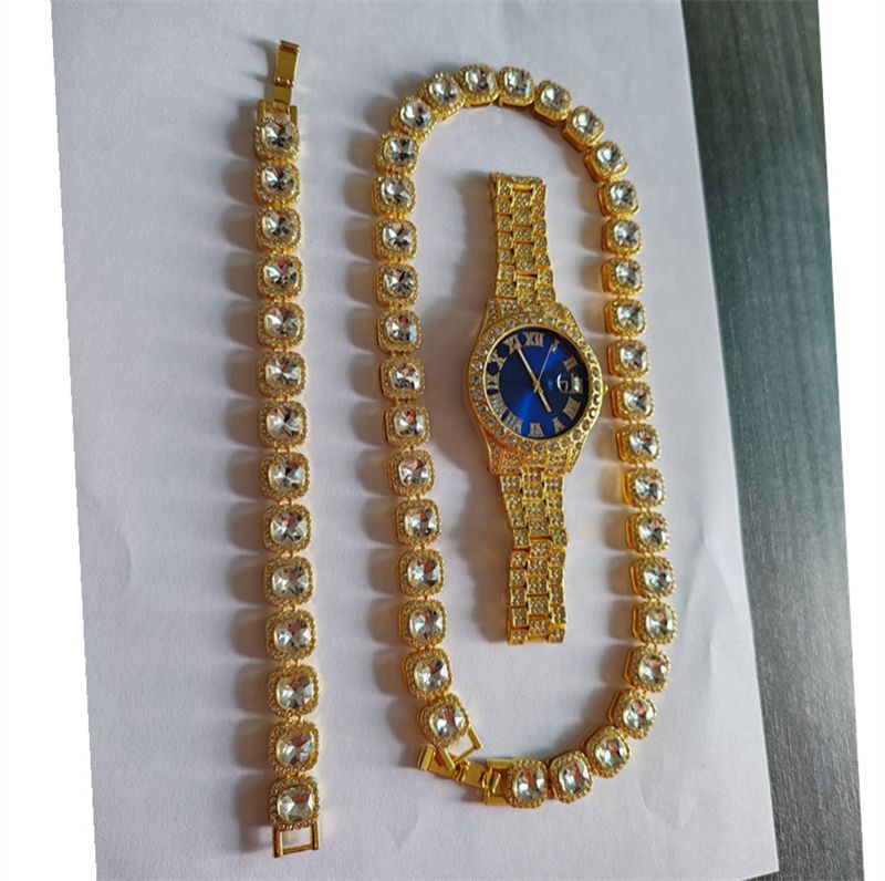 3pcs/set European American Hip-hop Men's Ice Watch Set Luxury Full Diamonds Gold Quartz Wrist Watch Golden Inlaid Blue Crystal Cuban Chain Bracelet Necklace Rapper hip hop Fashion Jewelry Accessory