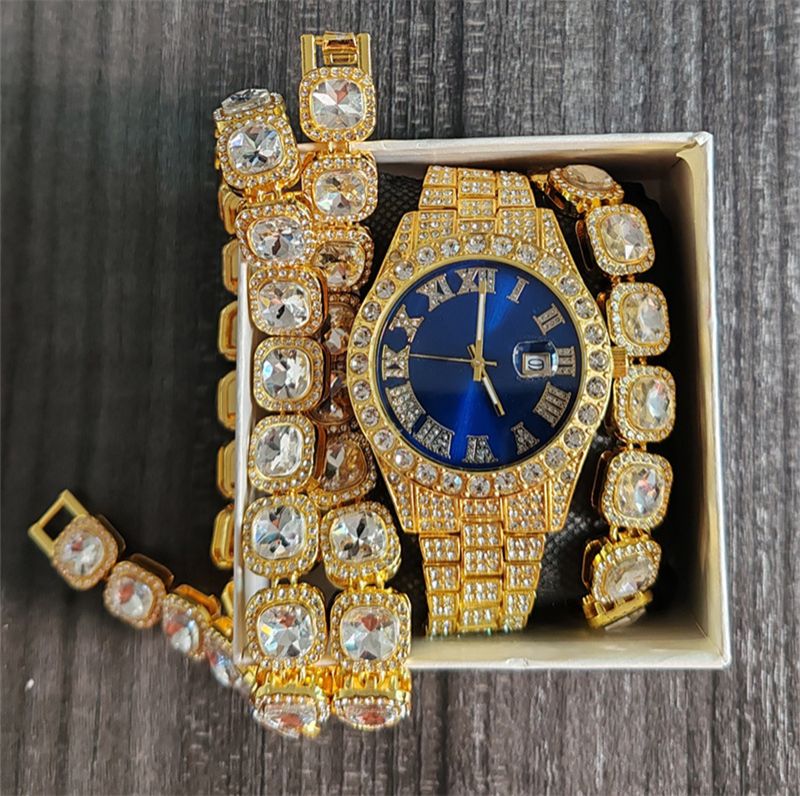 3pcs/set European American Hip-hop Men's Ice Watch Set Luxury Full Diamonds Gold Quartz Wrist Watch Golden Inlaid Blue Crystal Cuban Chain Bracelet Necklace Rapper hip hop Fashion Jewelry Accessory