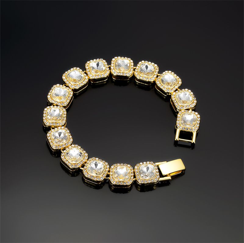 3pcs/set European American Hip-hop Men's Ice Watch Set Luxury Full Diamonds Gold Quartz Wrist Watch Golden Inlaid Blue Crystal Cuban Chain Bracelet Necklace Rapper hip hop Fashion Jewelry Accessory