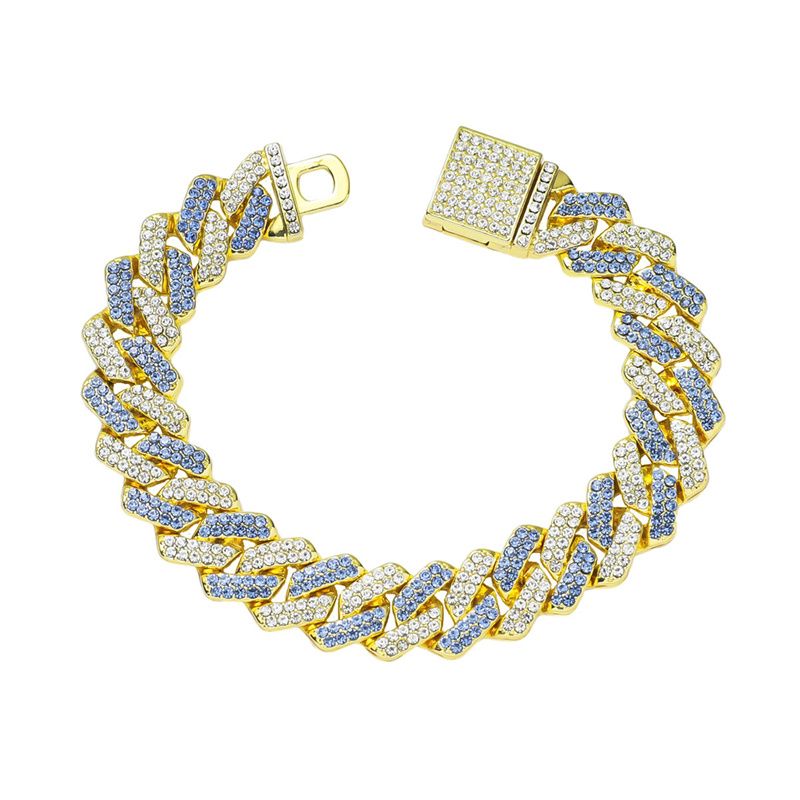3pcs/set European American Hip-hop Men's Ice Watch Set Luxury Full Diamonds Gold Quartz Wrist Watch Golden Inlaid Blue Crystal Cuban Chain Bracelet Necklace Rapper hip hop Fashion Jewelry Accessory