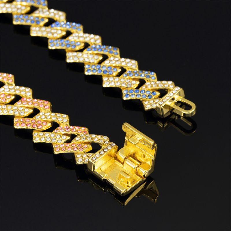 3pcs/set European American Hip-hop Men's Ice Watch Set Luxury Full Diamonds Gold Quartz Wrist Watch Golden Inlaid Blue Crystal Cuban Chain Bracelet Necklace Rapper hip hop Fashion Jewelry Accessory
