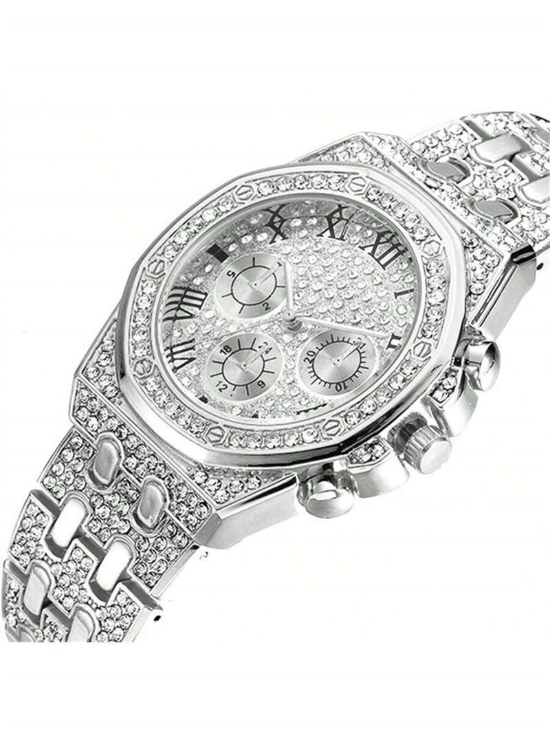 3pcs/set Hip-hop Men's Ice Watch Set Full Diamonds Silver Round Quartz Wrist Watch Fashion Diamonds Cuban Chain Jewelry Bracelet Necklace European American Popular Rapper Hip Hop Fashion Jewelry Set