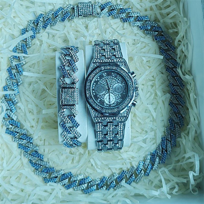 3pcs/set Hip-hop Men's Ice Watch Set Full Diamonds Silver Round Quartz Wrist Watch Fashion Diamonds Cuban Chain Jewelry Bracelet Necklace European American Popular Rapper Hip Hop Fashion Jewelry Set