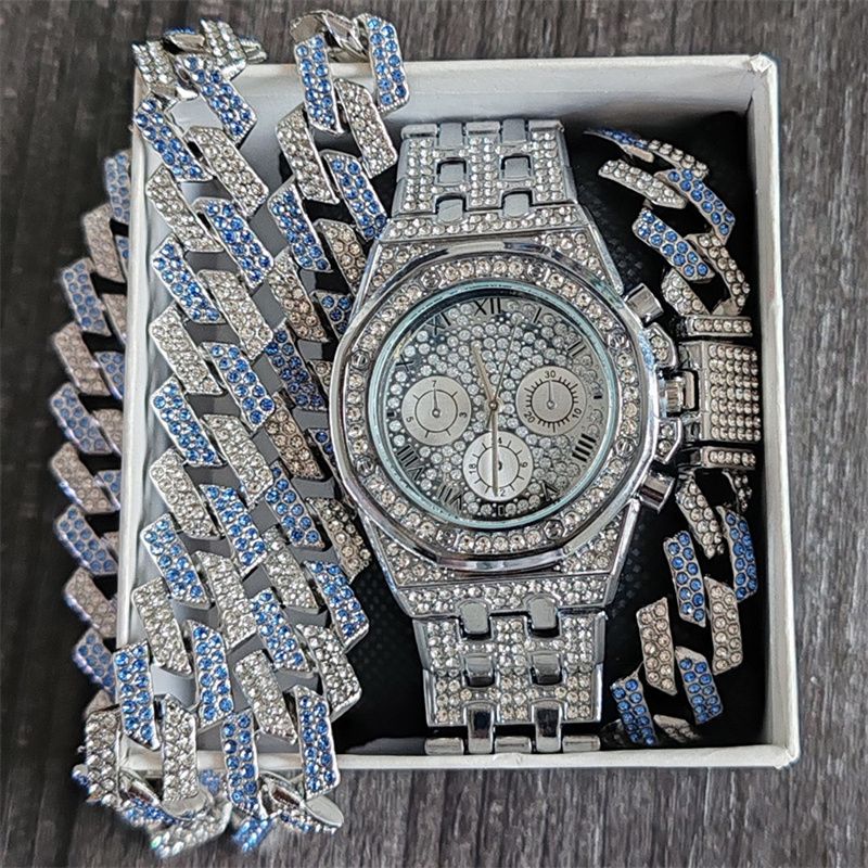 3pcs/set Hip-hop Men's Ice Watch Set Full Diamonds Silver Round Quartz Wrist Watch Fashion Diamonds Cuban Chain Jewelry Bracelet Necklace European American Popular Rapper Hip Hop Fashion Jewelry Set