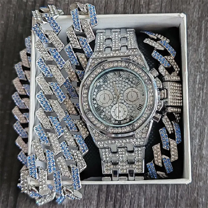 3pcs/set Hip-hop Men's Ice Watch Set Full Diamonds Silver Round Quartz Wrist Watch Fashion Diamonds Cuban Chain Jewelry Bracelet Necklace European American Popular Rapper Hip Hop Fashion Jewelry Set