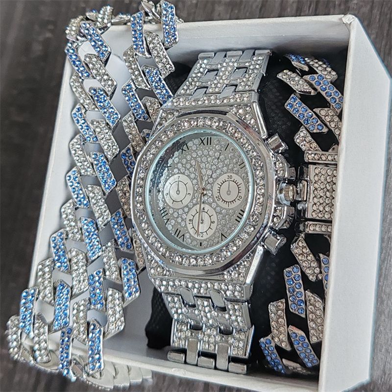 3pcs/set Hip-hop Men's Ice Watch Set Full Diamonds Silver Round Quartz Wrist Watch Fashion Diamonds Cuban Chain Jewelry Bracelet Necklace European American Popular Rapper Hip Hop Fashion Jewelry Set