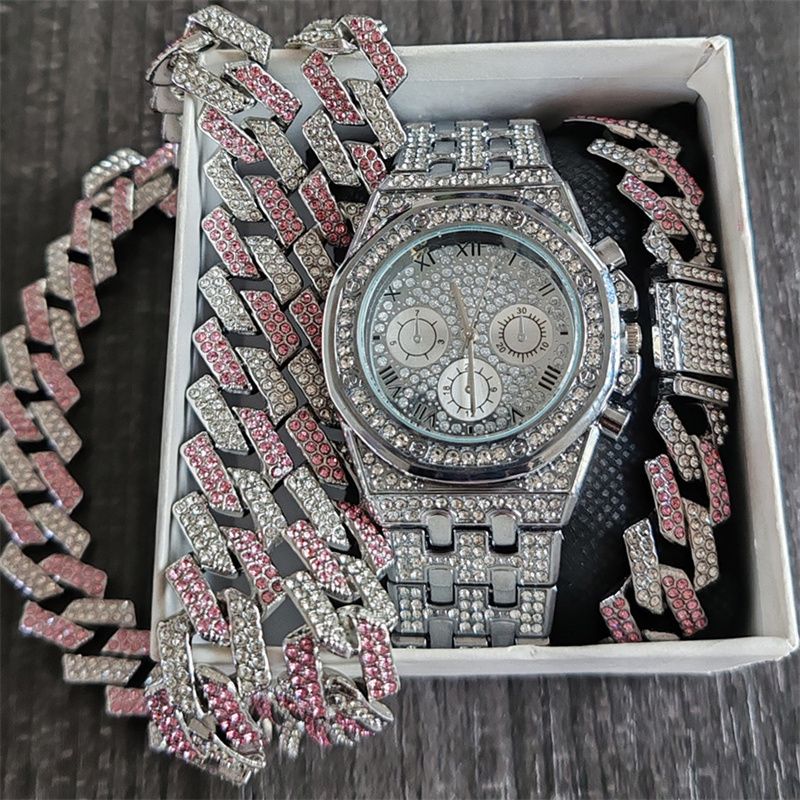 3pcs/set Hip-hop Men's Ice Watch Set Full Diamonds Silver Round Quartz Wrist Watch Fashion Diamonds Cuban Chain Jewelry Bracelet Necklace European American Popular Rapper Hip Hop Fashion Jewelry Set