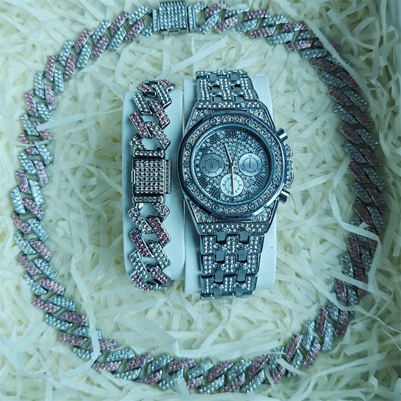 3pcs/set Hip-hop Men's Ice Watch Set Full Diamonds Silver Round Quartz Wrist Watch Fashion Diamonds Cuban Chain Jewelry Bracelet Necklace European American Popular Rapper Hip Hop Fashion Jewelry Set