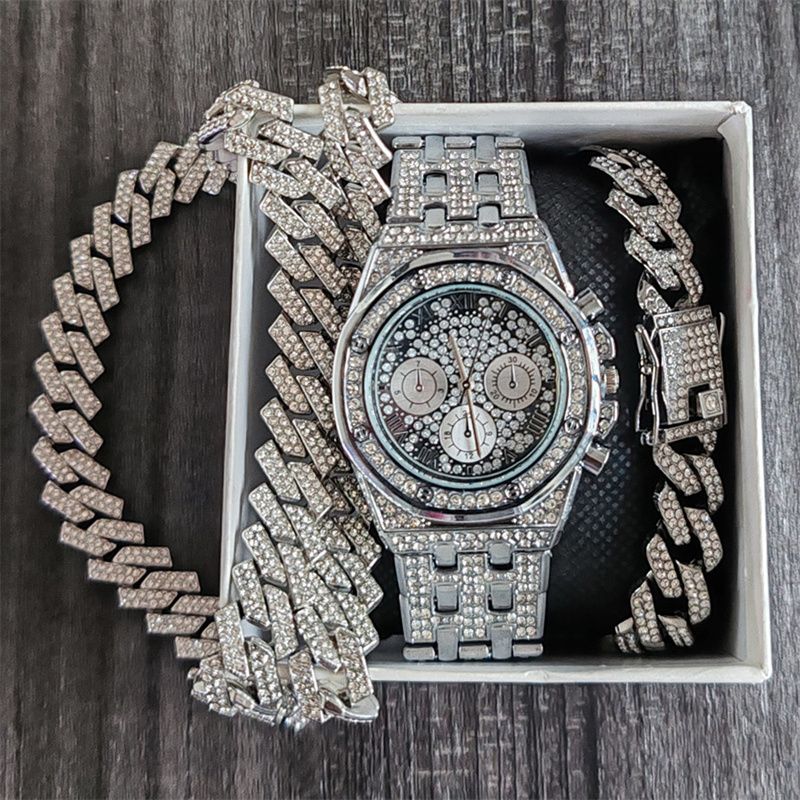 3pcs/set Hip-hop Men's Ice Watch Set Full Diamonds Silver Round Quartz Wrist Watch Fashion Diamonds Cuban Chain Jewelry Bracelet Necklace European American Popular Rapper Hip Hop Fashion Jewelry Set