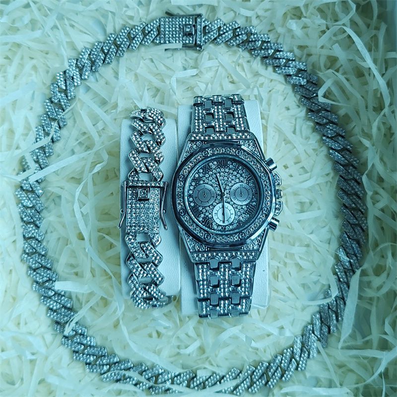 3pcs/set Hip-hop Men's Ice Watch Set Full Diamonds Silver Round Quartz Wrist Watch Fashion Diamonds Cuban Chain Jewelry Bracelet Necklace European American Popular Rapper Hip Hop Fashion Jewelry Set