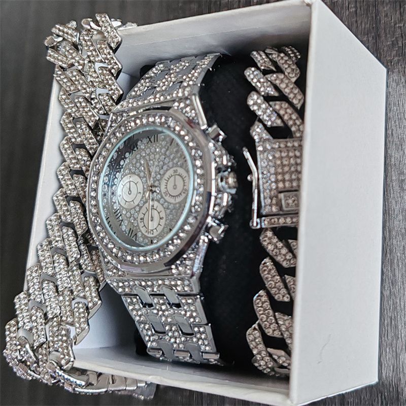 3pcs/set Hip-hop Men's Ice Watch Set Full Diamonds Silver Round Quartz Wrist Watch Fashion Diamonds Cuban Chain Jewelry Bracelet Necklace European American Popular Rapper Hip Hop Fashion Jewelry Set