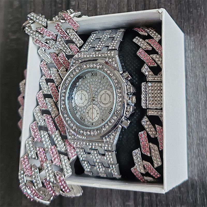 3pcs/set Hip-hop Men's Ice Watch Set Full Diamonds Silver Round Quartz Wrist Watch Fashion Diamonds Cuban Chain Jewelry Bracelet Necklace European American Popular Rapper Hip Hop Fashion Jewelry Set
