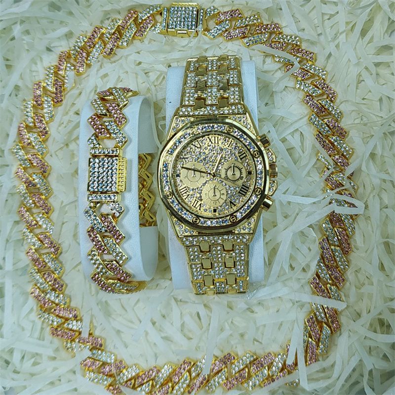3pcs/set European and American Popular Hip-hop Men's Watch Set Full Diamonds Luxury Gold Quartz Wrist Watch Fashion Cuban Chain Jewelry Bracelet Necklace Ice Watches Rapper Accessories Jewelry Set