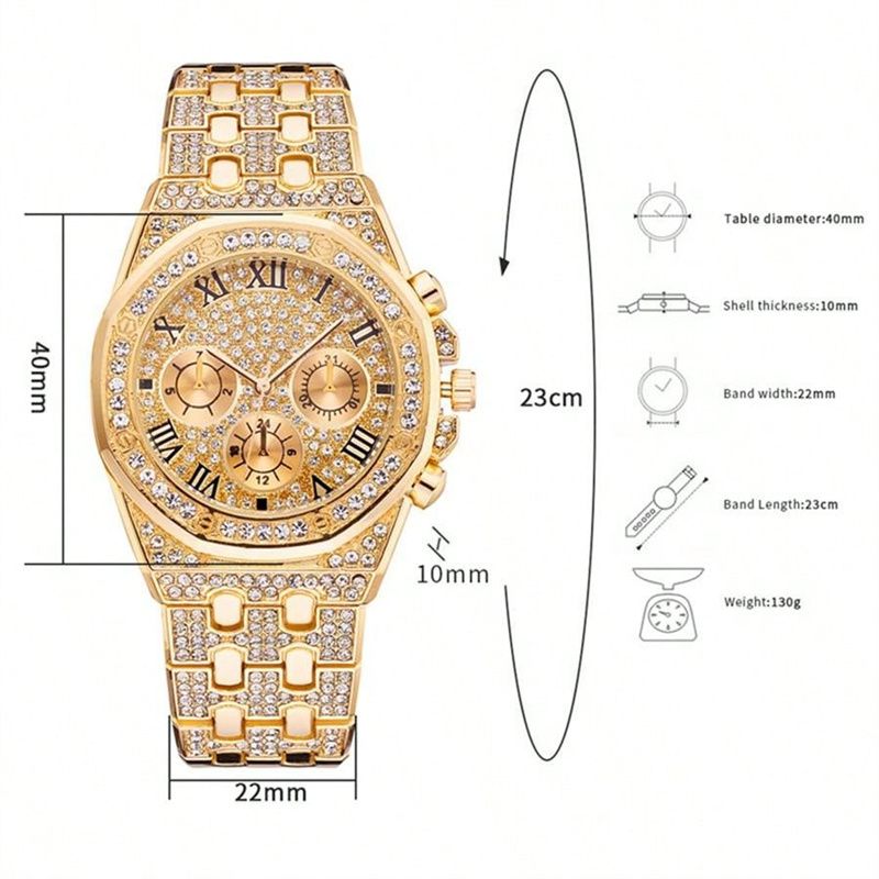 3pcs/set European and American Popular Hip-hop Men's Watch Set Full Diamonds Luxury Gold Quartz Wrist Watch Fashion Cuban Chain Jewelry Bracelet Necklace Ice Watches Rapper Accessories Jewelry Set