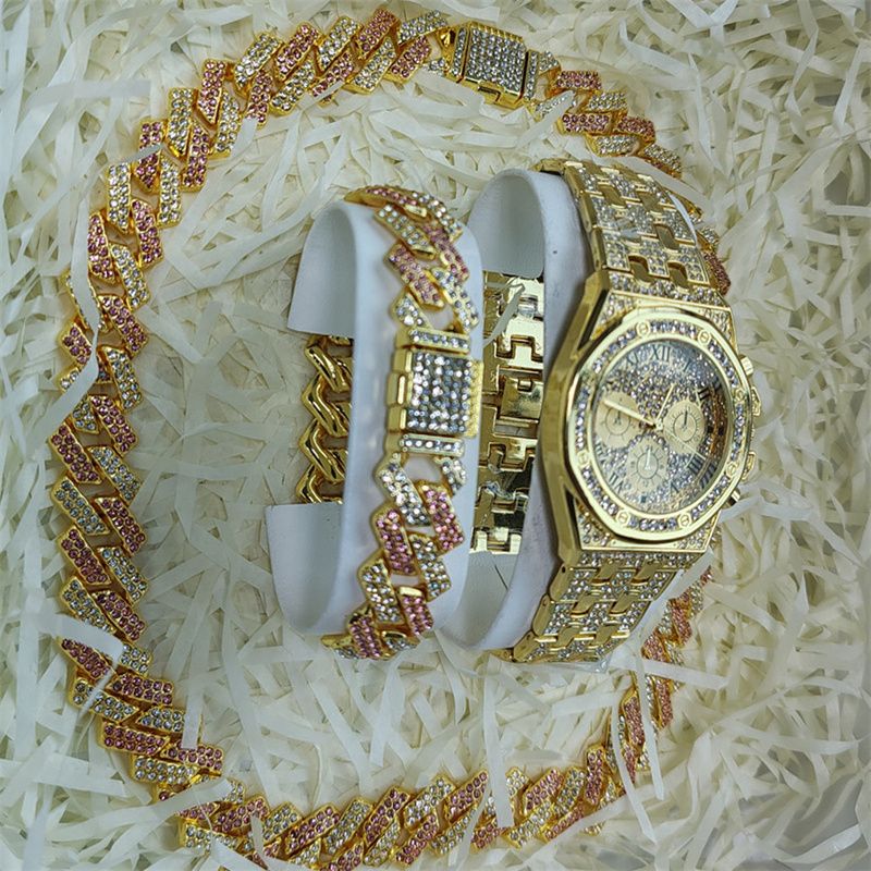 3pcs/set European and American Popular Hip-hop Men's Watch Set Full Diamonds Luxury Gold Quartz Wrist Watch Fashion Cuban Chain Jewelry Bracelet Necklace Ice Watches Rapper Accessories Jewelry Set
