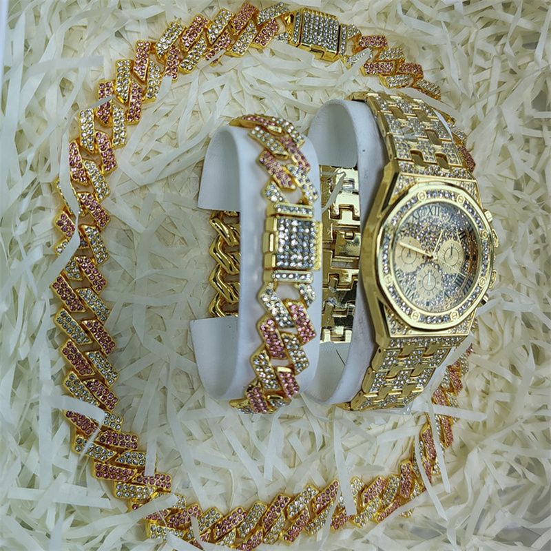 3pcs/set European and American Popular Hip-hop Men's Watch Set Full Diamonds Luxury Gold Quartz Wrist Watch Fashion Cuban Chain Jewelry Bracelet Necklace Ice Watches Rapper Accessories Jewelry Set