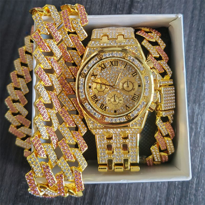 3pcs/set European and American Popular Hip-hop Men's Watch Set Full Diamonds Luxury Gold Quartz Wrist Watch Fashion Cuban Chain Jewelry Bracelet Necklace Ice Watches Rapper Accessories Jewelry Set