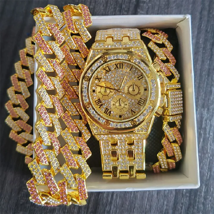 3pcs/set European and American Popular Hip-hop Men's Watch Set Full Diamonds Luxury Gold Quartz Wrist Watch Fashion Cuban Chain Jewelry Bracelet Necklace Ice Watches Rapper Accessories Jewelry Set
