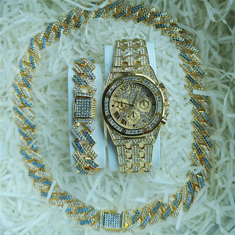 3pcs/set European and American Popular Hip-hop Men's Watch Set Full Diamonds Luxury Gold Quartz Wrist Watch Fashion Cuban Chain Jewelry Bracelet Necklace Ice Watches Rapper Accessories Jewelry Set