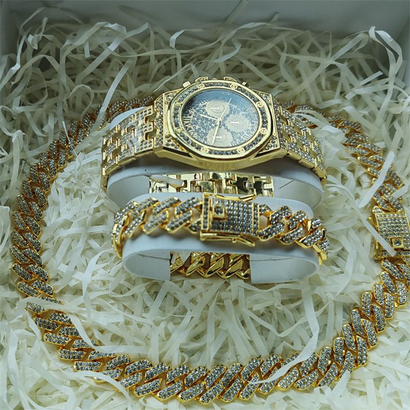 3pcs/set European and American Popular Hip-hop Men's Watch Set Full Diamonds Luxury Gold Quartz Wrist Watch Fashion Cuban Chain Jewelry Bracelet Necklace Ice Watches Rapper Accessories Jewelry Set