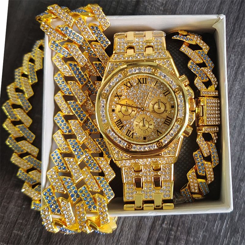 3pcs/set European and American Popular Hip-hop Men's Watch Set Full Diamonds Luxury Gold Quartz Wrist Watch Fashion Cuban Chain Jewelry Bracelet Necklace Ice Watches Rapper Accessories Jewelry Set