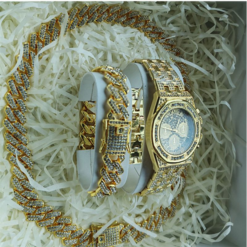 3pcs/set European and American Popular Hip-hop Men's Watch Set Full Diamonds Luxury Gold Quartz Wrist Watch Fashion Cuban Chain Jewelry Bracelet Necklace Ice Watches Rapper Accessories Jewelry Set