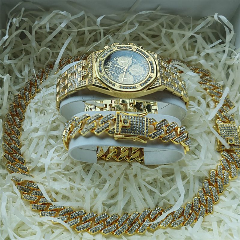 3pcs/set European and American Popular Hip-hop Men's Watch Set Full Diamonds Luxury Gold Quartz Wrist Watch Fashion Cuban Chain Jewelry Bracelet Necklace Ice Watches Rapper Accessories Jewelry Set