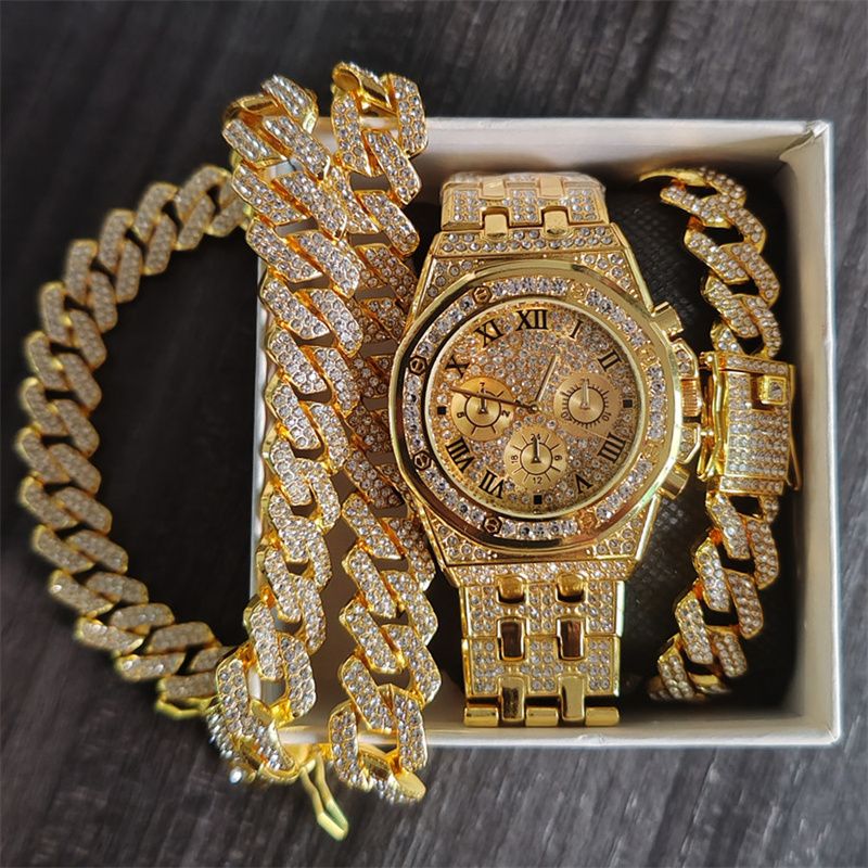 3pcs/set European and American Popular Hip-hop Men's Watch Set Full Diamonds Luxury Gold Quartz Wrist Watch Fashion Cuban Chain Jewelry Bracelet Necklace Ice Watches Rapper Accessories Jewelry Set