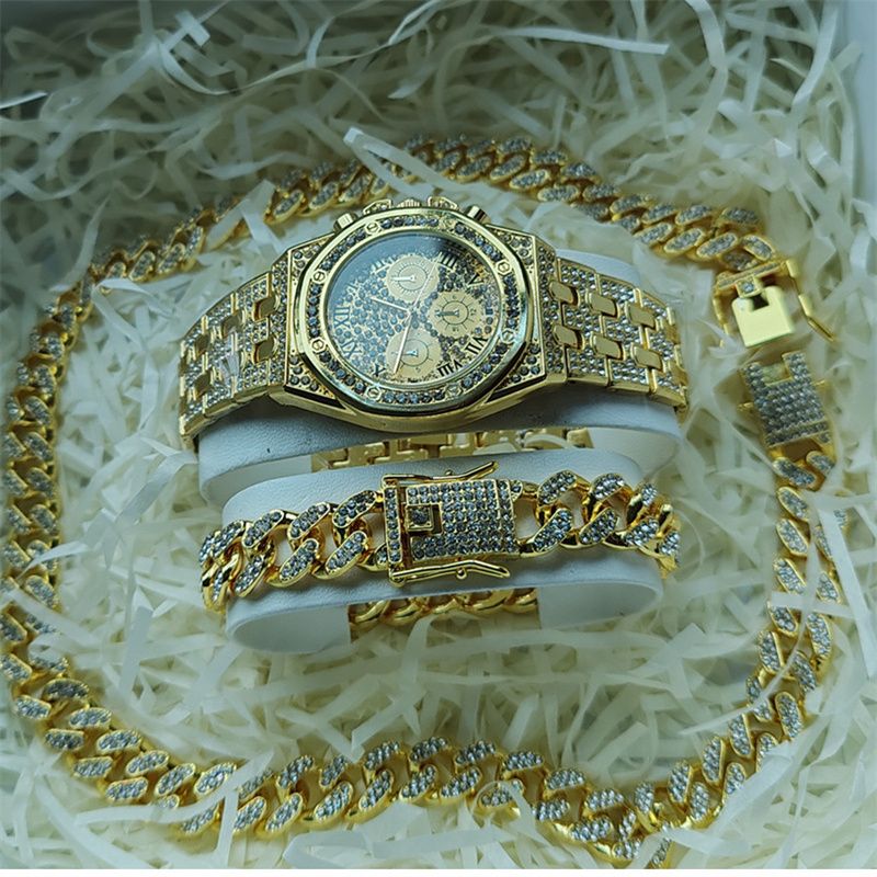 3pcs/set European and American Popular Hip-hop Men's Watch Set Full Diamonds Luxury Gold Quartz Wrist Watch Fashion Cuban Chain Jewelry Bracelet Necklace Ice Watches Rapper Accessories Jewelry Set