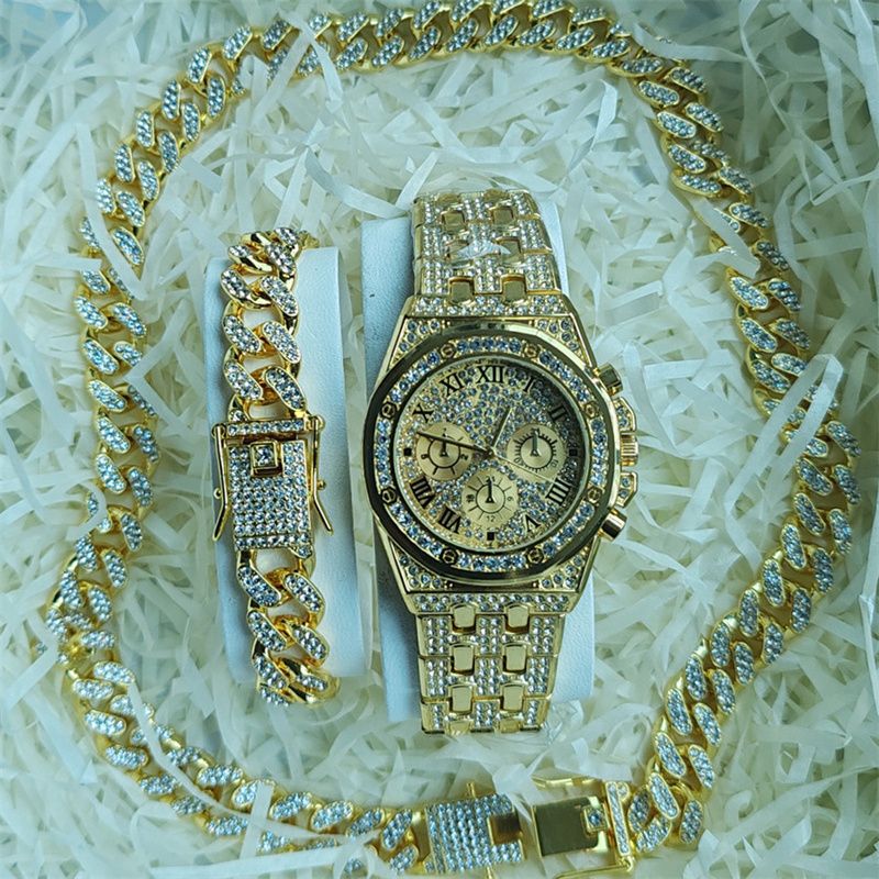 3pcs/set European and American Popular Hip-hop Men's Watch Set Full Diamonds Luxury Gold Quartz Wrist Watch Fashion Cuban Chain Jewelry Bracelet Necklace Ice Watches Rapper Accessories Jewelry Set