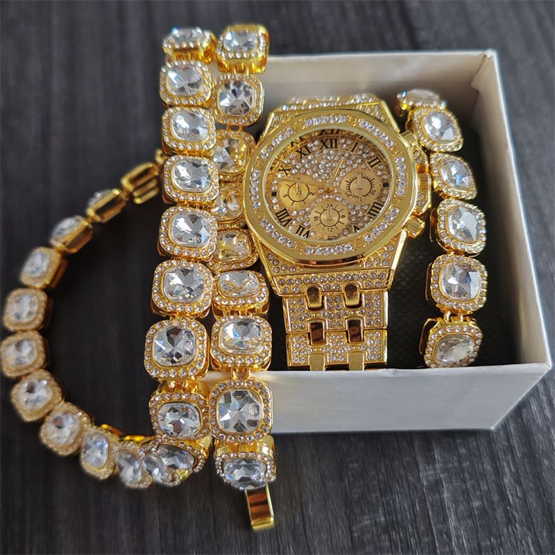3pcs/set European and American Popular Hip-hop Men's Watch Set Full Diamonds Luxury Gold Quartz Wrist Watch Fashion Cuban Chain Jewelry Bracelet Necklace Ice Watches Rapper Accessories Jewelry Set