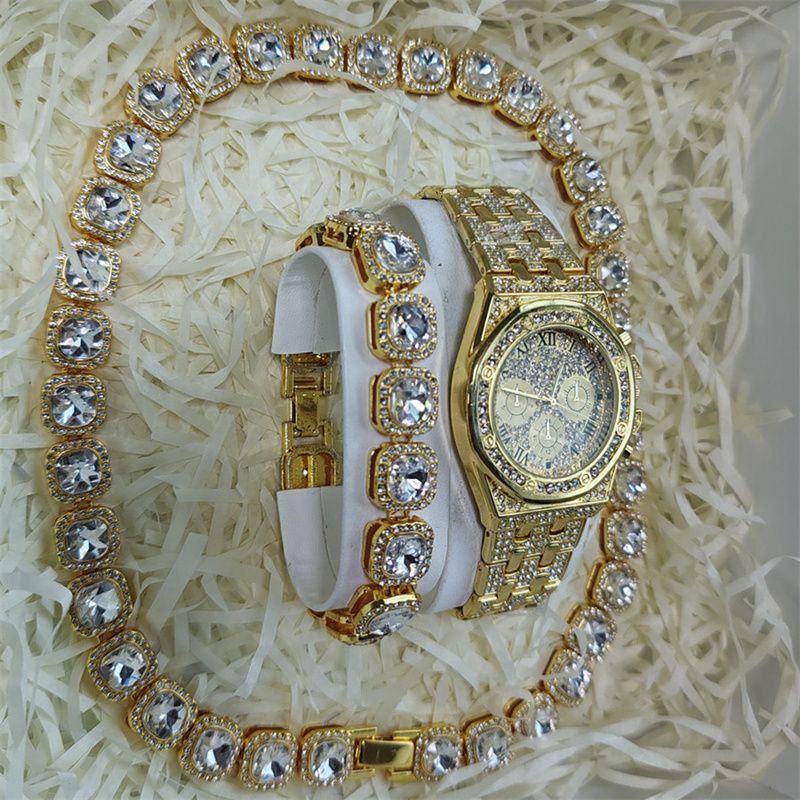 3pcs/set European and American Popular Hip-hop Men's Watch Set Full Diamonds Luxury Gold Quartz Wrist Watch Fashion Cuban Chain Jewelry Bracelet Necklace Ice Watches Rapper Accessories Jewelry Set