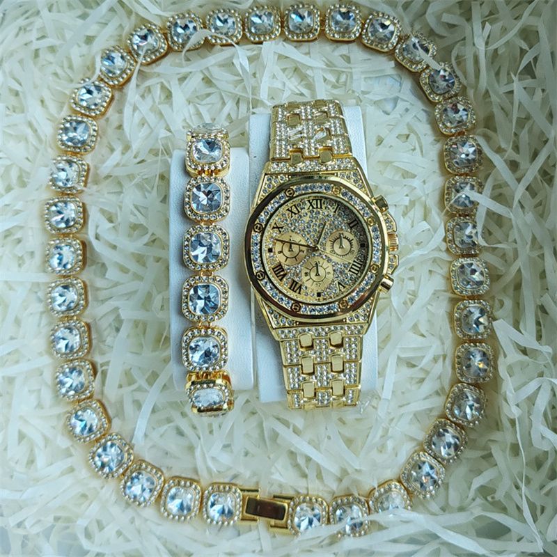 3pcs/set European and American Popular Hip-hop Men's Watch Set Full Diamonds Luxury Gold Quartz Wrist Watch Fashion Cuban Chain Jewelry Bracelet Necklace Ice Watches Rapper Accessories Jewelry Set