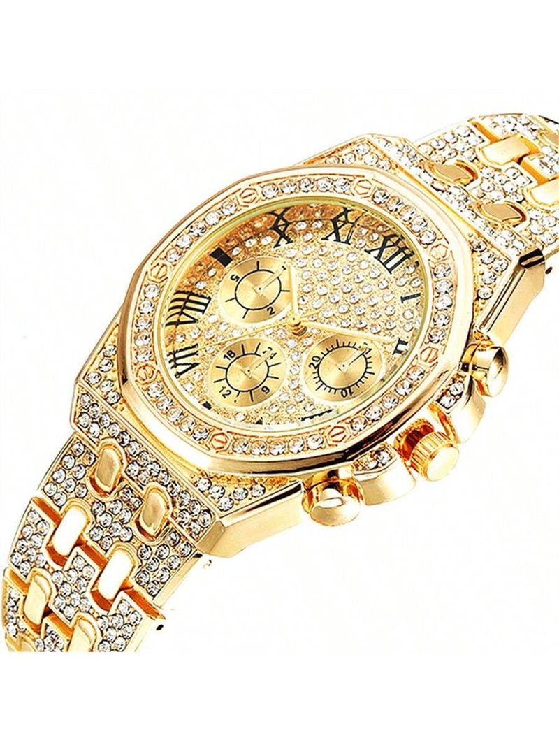 3pcs/set European and American Popular Hip-hop Men's Watch Set Full Diamonds Luxury Gold Quartz Wrist Watch Fashion Cuban Chain Jewelry Bracelet Necklace Ice Watches Rapper Accessories Jewelry Set