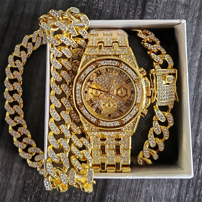 3pcs/set European and American Popular Hip-hop Men's Watch Set Full Diamonds Luxury Gold Quartz Wrist Watch Fashion Cuban Chain Jewelry Bracelet Necklace Ice Watches Rapper Accessories Jewelry Set