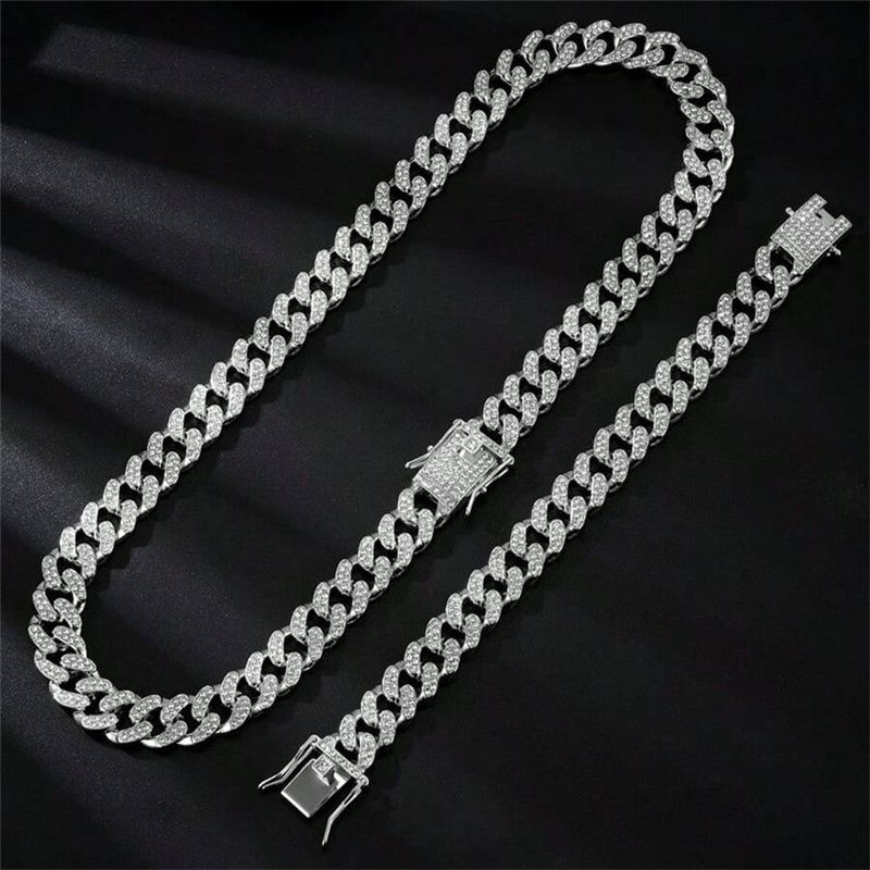 3pcs/set European American Style High-End Hip-hop Luxury Gypsophila Steel Band Diamond Men Watches Large Sugar Cube Rhinestone Tennis Necklace Bracelet Quartz Women's Ice Watch Set Unisex Jewelry Set