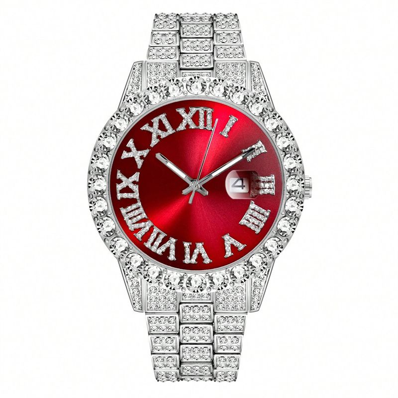 3pcs/set European American Style High-End Hip-hop Luxury Gypsophila Steel Band Diamond Men Watches Large Sugar Cube Rhinestone Tennis Necklace Bracelet Quartz Women's Ice Watch Set Unisex Jewelry Set