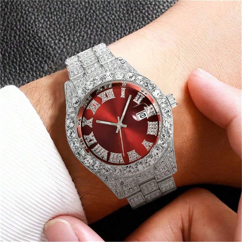 3pcs/set European American Style High-End Hip-hop Luxury Gypsophila Steel Band Diamond Men Watches Large Sugar Cube Rhinestone Tennis Necklace Bracelet Quartz Women's Ice Watch Set Unisex Jewelry Set