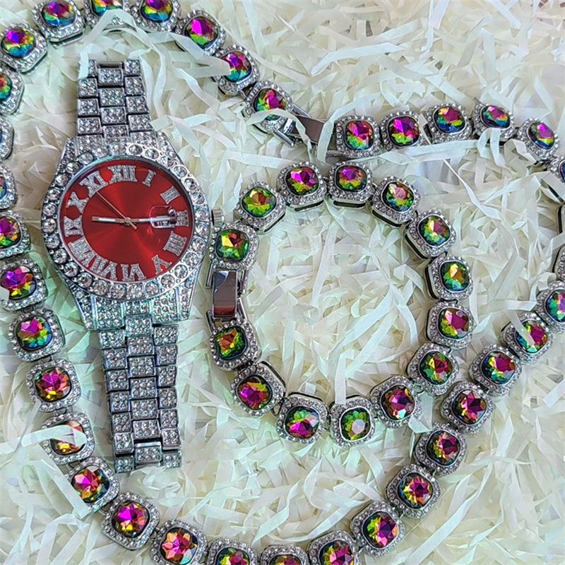 3pcs/set European American Style High-End Hip-hop Luxury Gypsophila Steel Band Diamond Men Watches Large Sugar Cube Rhinestone Tennis Necklace Bracelet Quartz Women's Ice Watch Set Unisex Jewelry Set